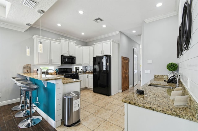 7523 Excitement Dr, Kissimmee, FL 34747 - kitchen featuring black appliances, a sink, a peninsula, ornamental molding, and light stone countertops
