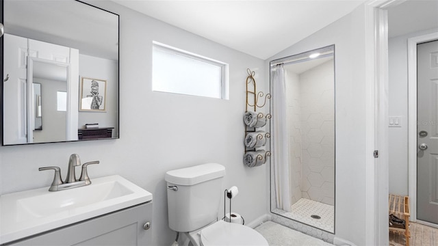 1615 28th Ave N, Saint Petersburg, FL 33713 - bathroom featuring toilet, vanity, a stall shower, and vaulted ceiling