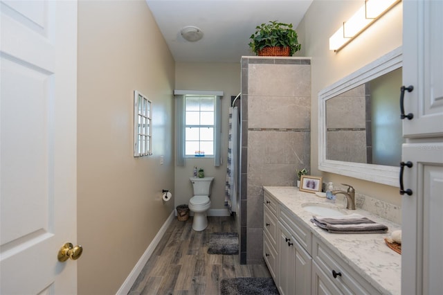 14365 Evans Ranch Rd, Lakeland, FL 33809 - full bathroom featuring vanity, wood finished floors, toilet, curtained shower, and baseboards
