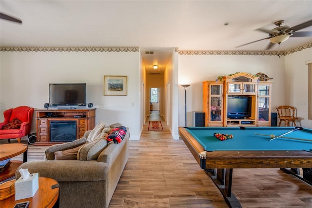 14365 Evans Ranch Rd, Lakeland, FL 33809 - game room featuring ceiling fan, wood finished floors, pool table, and baseboards