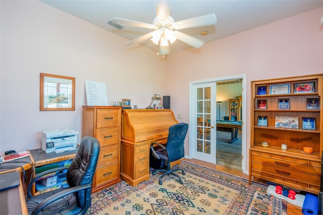 14365 Evans Ranch Rd, Lakeland, FL 33809 - office featuring french doors, a ceiling fan, and light wood-type flooring