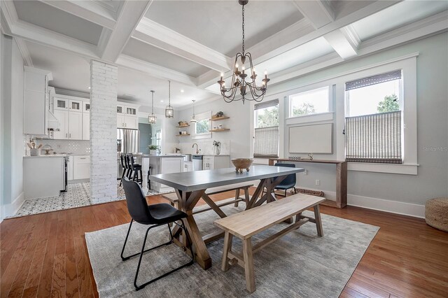 5301 N Central Ave, Tampa, FL 33603 - dining space with coffered ceiling, beam ceiling, baseboards, wood-type flooring, and a chandelier
