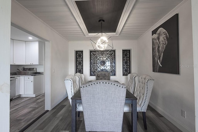 1816 W Lake Parker Dr, Lakeland, FL 33805 - dining area with dark wood-style flooring, baseboards, wood ceiling, ornamental molding, and a chandelier