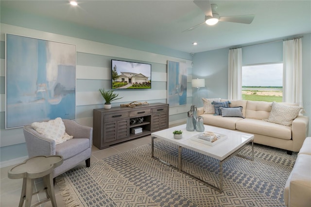 2076 Babbling Brook Blvd, Auburndale, FL 33823 - living room with a ceiling fan, tile patterned floors, and recessed lighting