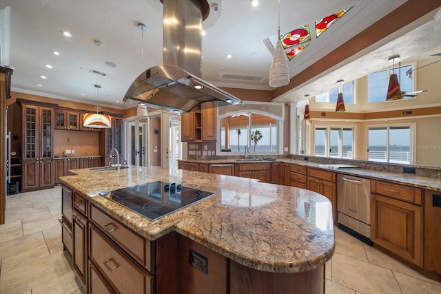 812 Point Seaside Dr, Crystal Beach, FL 34681 - kitchen featuring black electric stovetop, a sink, stainless steel dishwasher, brown cabinets, and crown molding