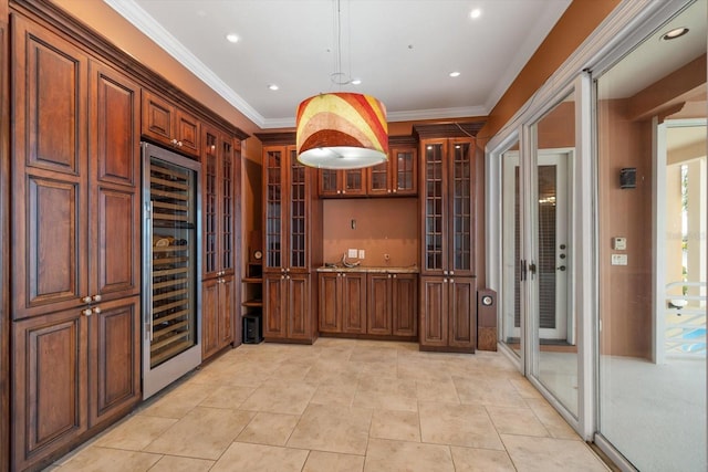 812 Point Seaside Dr, Crystal Beach, FL 34681 - wine area featuring wine cooler, crown molding, light tile patterned floors, recessed lighting, and french doors