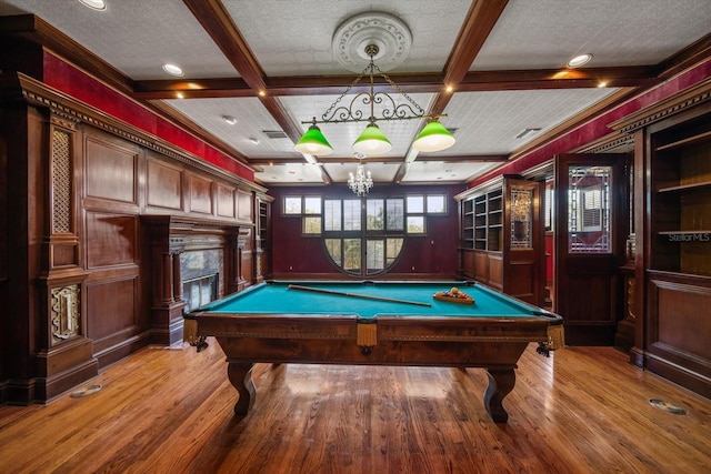 812 Point Seaside Dr, Crystal Beach, FL 34681 - recreation room featuring light wood-style flooring, coffered ceiling, billiards table, beam ceiling, and a chandelier