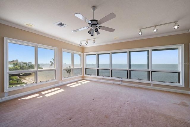812 Point Seaside Dr, Crystal Beach, FL 34681 - unfurnished sunroom with track lighting, a water view, ornamental molding, healthy amount of natural light, and carpet flooring