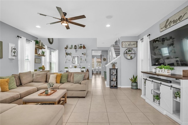 7238 Milestone Dr, Apollo Beach, FL 33572 - living area featuring a ceiling fan, light tile patterned flooring, recessed lighting, and baseboards