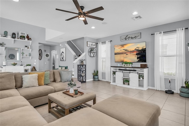 7238 Milestone Dr, Apollo Beach, FL 33572 - living area with ceiling fan, light tile patterned floors, baseboards, stairway, and recessed lighting