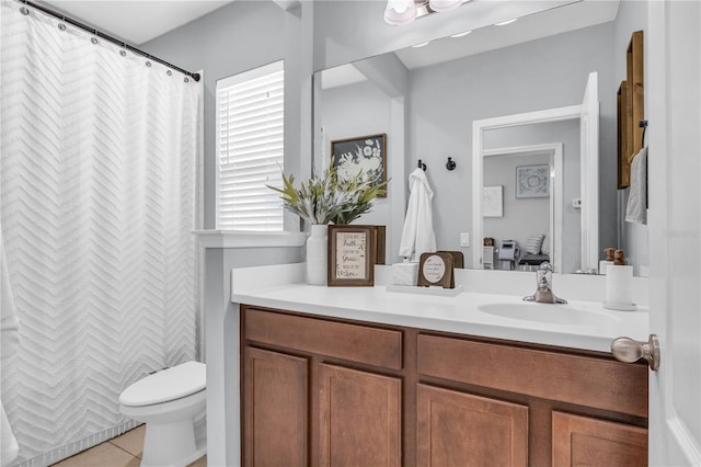 7238 Milestone Dr, Apollo Beach, FL 33572 - bathroom with toilet, vanity, tile patterned flooring, and a shower with curtain
