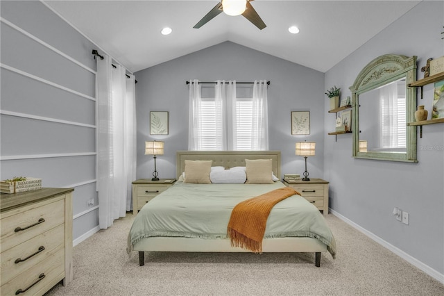 7238 Milestone Dr, Apollo Beach, FL 33572 - bedroom with multiple windows, vaulted ceiling, light colored carpet, a ceiling fan, and recessed lighting