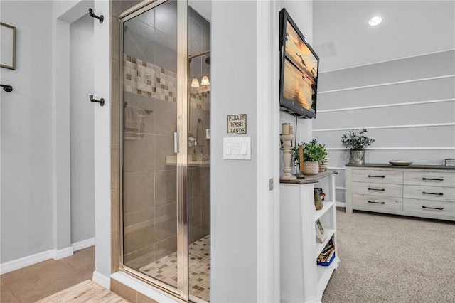 7238 Milestone Dr, Apollo Beach, FL 33572 - full bathroom with a shower stall, recessed lighting, and baseboards