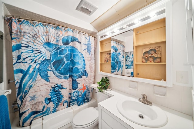 4229 Glissade Dr, New Port Richey, FL 34652 - full bath with vanity, backsplash, toilet, and shower / bath combination with curtain