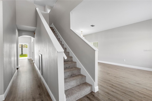 4852 Trinidad Dr, Land O Lakes, FL 34639 - stairs featuring arched walkways, wood finished floors, and baseboards