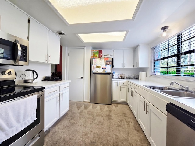 12701 N 57th St -, Unit Tampa, FL 33617 - kitchen with stainless steel appliances, a sink, white cabinets, light countertops, and light carpet