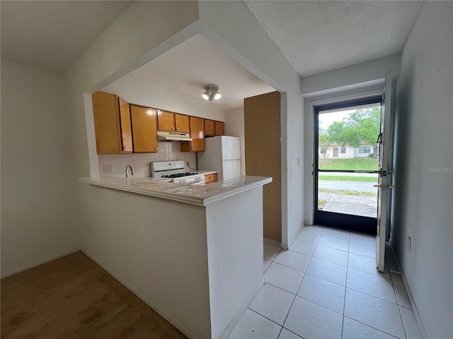 1510 Mission Hills Blvd Unit 19-F, Clearwater, FL 33759 - kitchen with white appliances, under cabinet range hood, brown cabinets, light countertops, and a peninsula