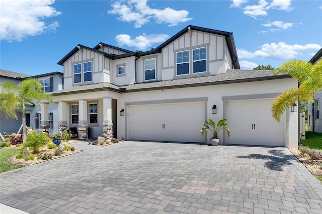 5026 Bromeliad Ave, Wimauma, FL 33598 - craftsman house featuring stucco siding, board and batten siding, decorative driveway, an attached garage, and roof with shingles
