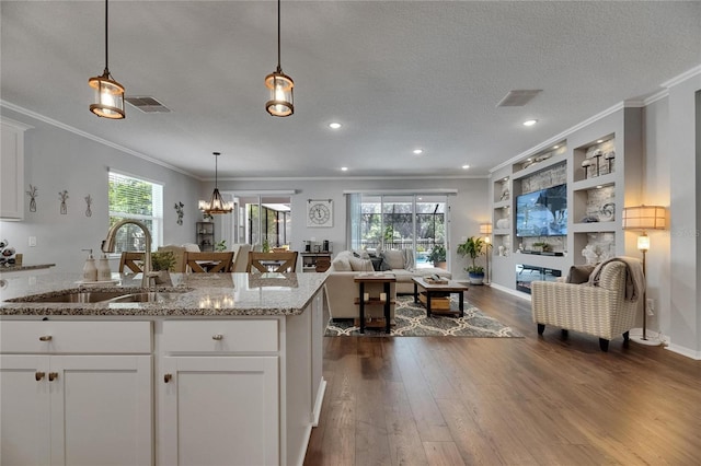 5026 Bromeliad Ave, Wimauma, FL 33598 - kitchen featuring a sink, open floor plan, dark wood-style floors, ornamental molding, and white cabinets