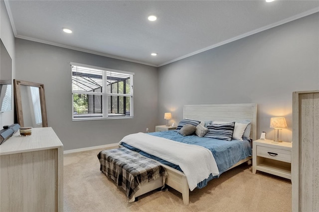 5026 Bromeliad Ave, Wimauma, FL 33598 - bedroom with light colored carpet, crown molding, recessed lighting, and baseboards