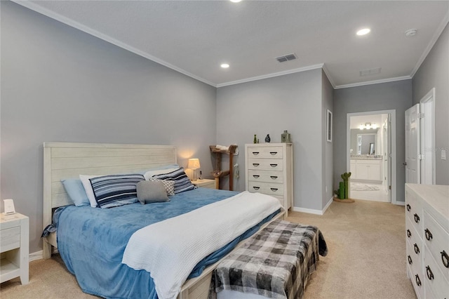 5026 Bromeliad Ave, Wimauma, FL 33598 - bedroom with ornamental molding, light carpet, recessed lighting, baseboards, and ensuite bath