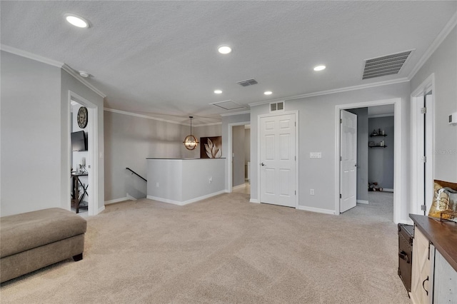 5026 Bromeliad Ave, Wimauma, FL 33598 - living room featuring crown molding, light colored carpet, recessed lighting, baseboards, and a textured ceiling