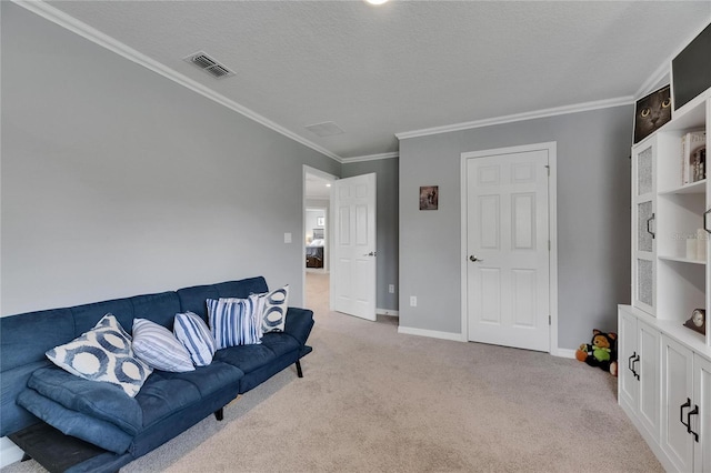 5026 Bromeliad Ave, Wimauma, FL 33598 - living area featuring light colored carpet, crown molding, a textured ceiling, and baseboards