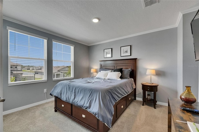 5026 Bromeliad Ave, Wimauma, FL 33598 - bedroom with crown molding, light carpet, baseboards, and a textured ceiling