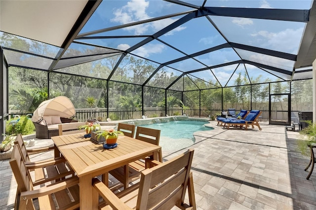 5026 Bromeliad Ave, Wimauma, FL 33598 - swimming pool featuring a patio area, an outdoor living space, glass enclosure, and outdoor dining area