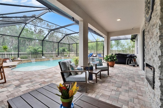 5026 Bromeliad Ave, Wimauma, FL 33598 - fenced backyard with a patio, an outdoor hangout area, an outdoor pool, and a lanai