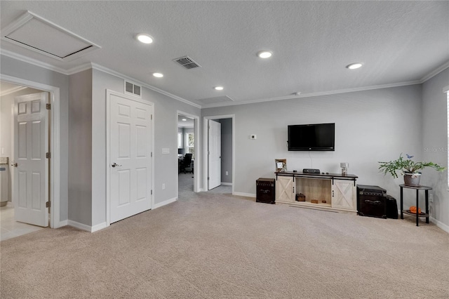5026 Bromeliad Ave, Wimauma, FL 33598 - living area featuring carpet, baseboards, recessed lighting, crown molding, and attic access