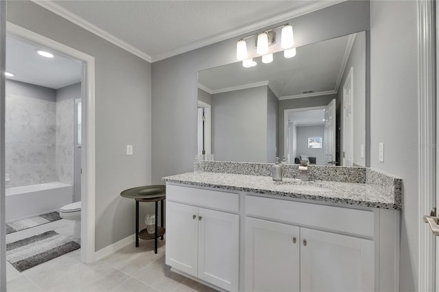 5026 Bromeliad Ave, Wimauma, FL 33598 - bathroom with toilet, vanity, baseboards, tile patterned flooring, and ornamental molding