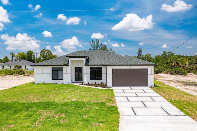 3578 NE 9th Pl, Cape Coral, FL 33909 - view of front facade featuring a garage, stucco siding, a front lawn, a shingled roof, and concrete driveway