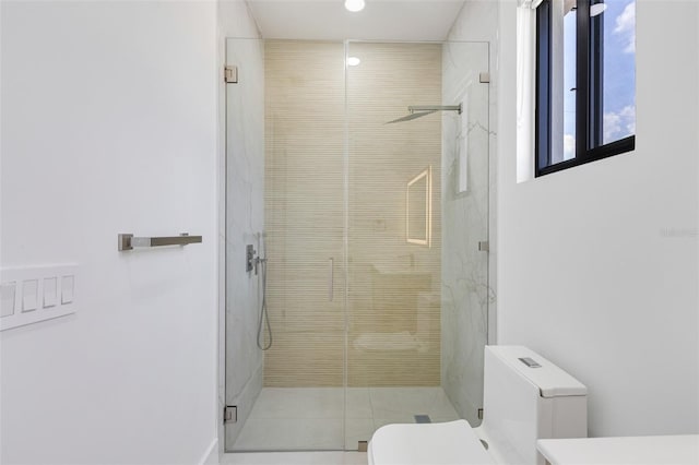 3578 NE 9th Pl, Cape Coral, FL 33909 - bathroom featuring toilet, a shower stall, recessed lighting, tile patterned flooring, and vanity