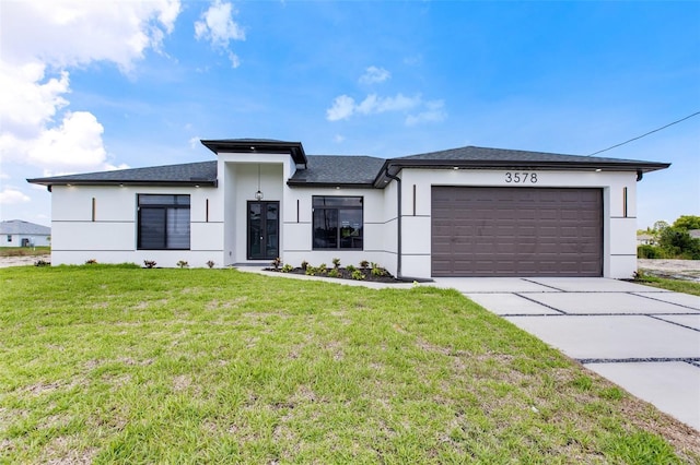 3578 NE 9th Pl, Cape Coral, FL 33909 - view of front facade with stucco siding, concrete driveway, a garage, a front yard, and roof with shingles