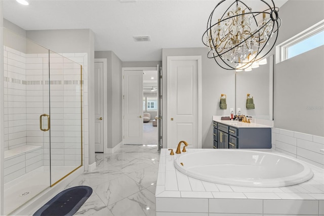 13859 Sharp Hawk Dr, Riverview, FL 33569 - bathroom featuring a garden tub, a shower stall, vanity, marble finish flooring, and baseboards