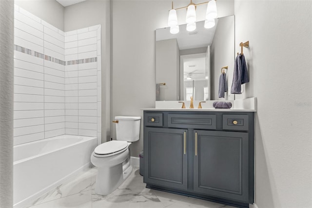 13859 Sharp Hawk Dr, Riverview, FL 33569 - bathroom with marble finish flooring, vanity, toilet, tub / shower combination, and baseboards