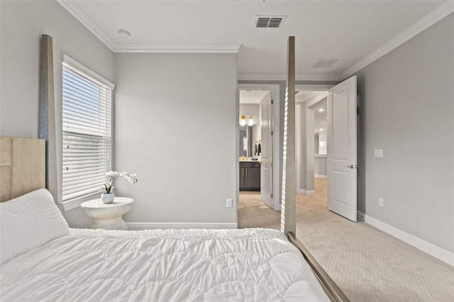 13859 Sharp Hawk Dr, Riverview, FL 33569 - bedroom with crown molding, light colored carpet, baseboards, and ensuite bathroom