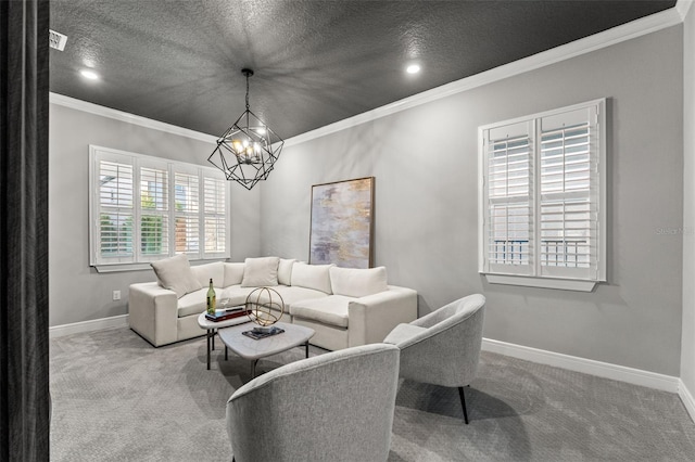 13859 Sharp Hawk Dr, Riverview, FL 33569 - carpeted living area featuring ornamental molding, a chandelier, baseboards, a textured ceiling, and recessed lighting