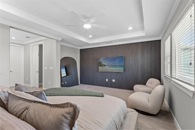 13859 Sharp Hawk Dr, Riverview, FL 33569 - carpeted bedroom featuring recessed lighting, a raised ceiling, baseboards, and a ceiling fan