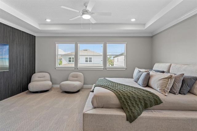 13859 Sharp Hawk Dr, Riverview, FL 33569 - bedroom featuring a tray ceiling, carpet flooring, ceiling fan, baseboards, and recessed lighting