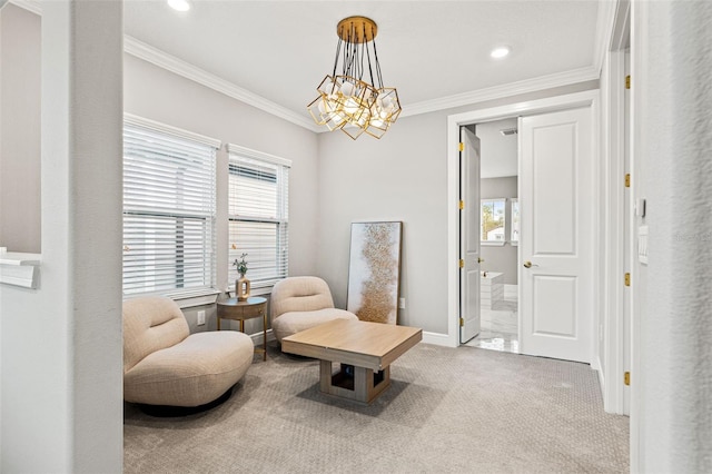 13859 Sharp Hawk Dr, Riverview, FL 33569 - sitting room featuring plenty of natural light, a chandelier, carpet floors, ornamental molding, and recessed lighting