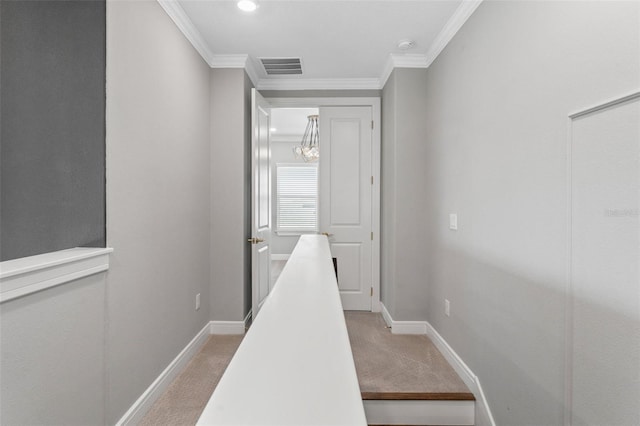 13859 Sharp Hawk Dr, Riverview, FL 33569 - hall with light carpet, crown molding, baseboards, and an upstairs landing