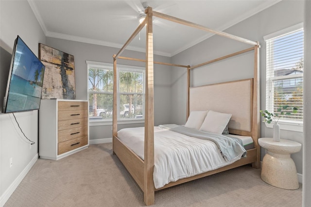 13859 Sharp Hawk Dr, Riverview, FL 33569 - bedroom featuring crown molding, baseboards, light colored carpet, and ceiling fan