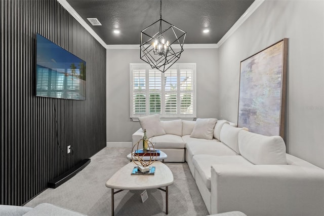 13859 Sharp Hawk Dr, Riverview, FL 33569 - carpeted living room featuring ornamental molding, a chandelier, baseboards, a textured ceiling, and recessed lighting