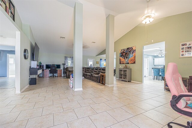 5432 Queen Ave, Spring Hill, FL 34609 - office space with ceiling fan, baseboards, light tile patterned floors, and high vaulted ceiling