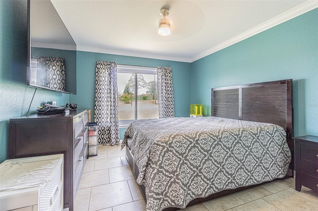 5432 Queen Ave, Spring Hill, FL 34609 - tiled bedroom with ornamental molding, a textured wall, and a ceiling fan