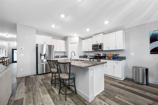 31775 Sun Kettle Loop, Wesley Chapel, FL 33545 - kitchen with appliances with stainless steel finishes, a sink, dark wood-style floors, a breakfast bar, and vaulted ceiling