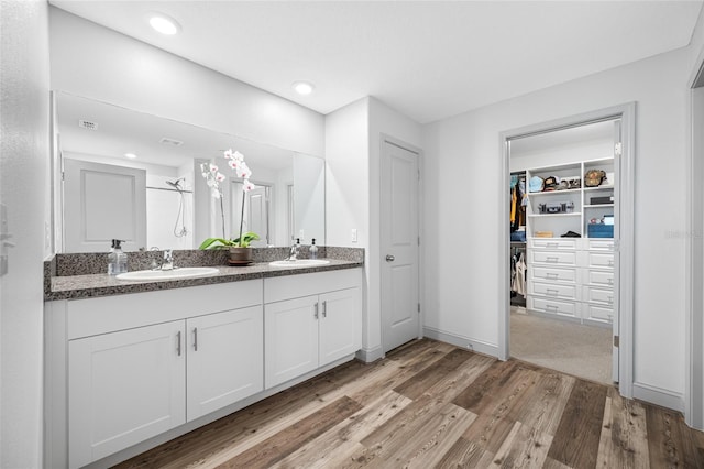 31775 Sun Kettle Loop, Wesley Chapel, FL 33545 - full bath with double vanity, wood finished floors, a walk in closet, recessed lighting, and baseboards