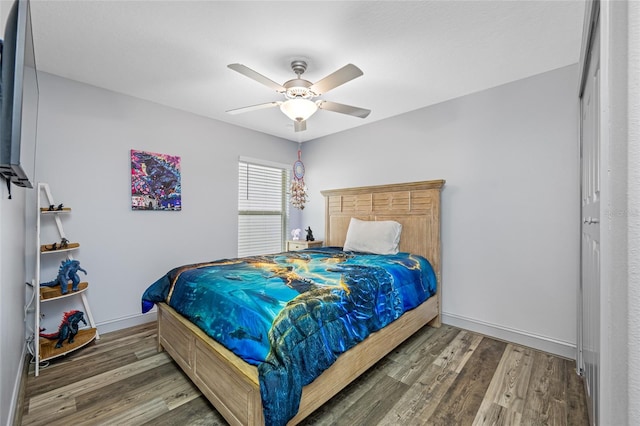 31775 Sun Kettle Loop, Wesley Chapel, FL 33545 - bedroom featuring wood finished floors, a ceiling fan, and baseboards